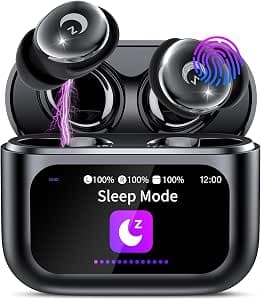 Wireless Earbuds with Smart Touch Screen, 2026 Mini Sleep Earbuds Bluetooth 5.4 Headphone In Ear with Noise Cancelling Mic, 48H Playtime Hi-Fi Stereo Sound, 5 EQ Modes/IP7 Waterproof Ear Buds Black