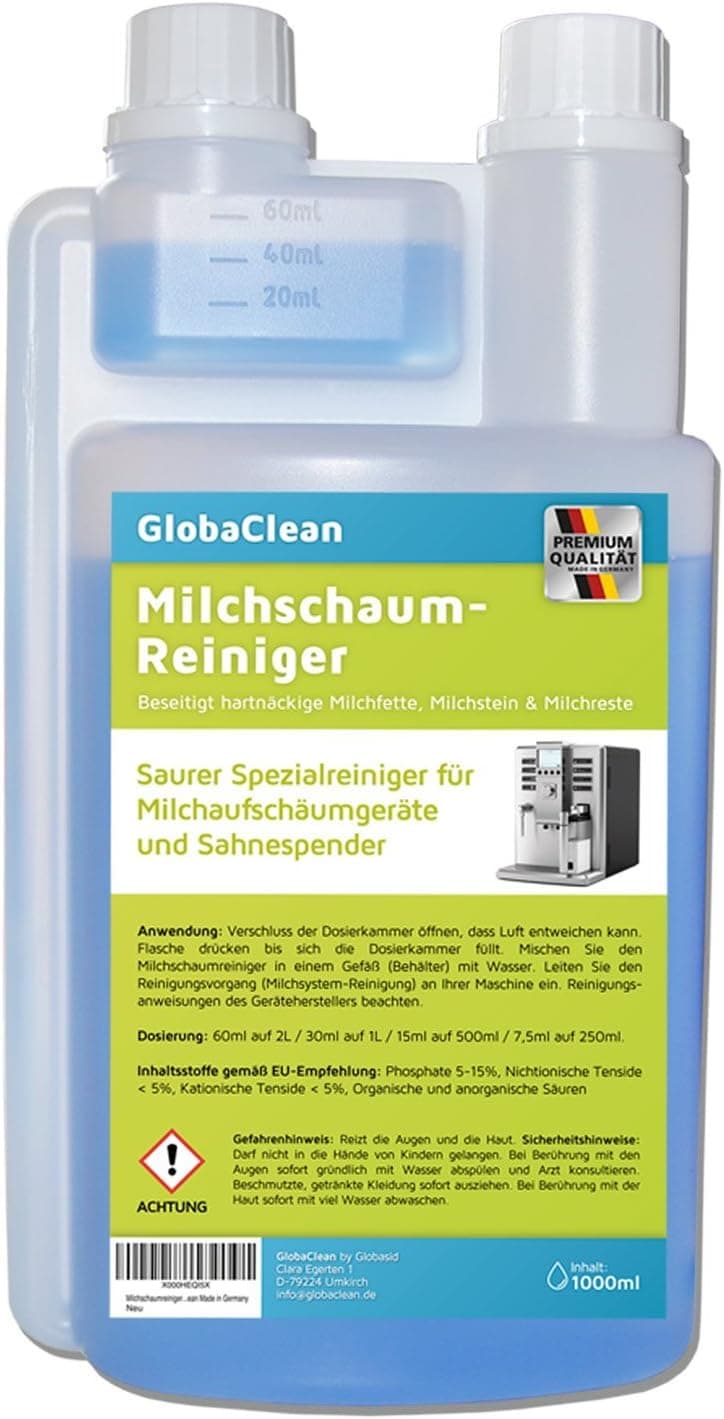 Milk Foam Cleaner 1 Litre Liquid Cleaner Concentrate Milk System Cleaner Milk Frother Cleaner Universal for Brands such as Jura Delonghi WMF Nesspresso and Much More GlobaClean® Made in