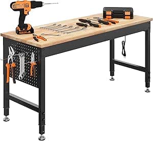60" Adjustable Heavy Duty Workbench, 2000 LBS Load Capacity Rubber Wood Work Table with Pegboard, Power Outlets, Work Bench for Garage, Workshop, Office, Home, Commercial