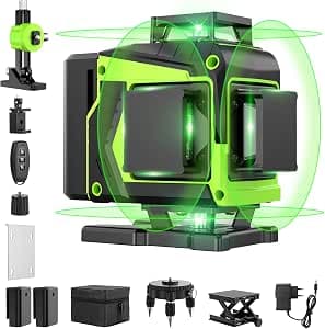 16 Line Laser Level 360 Self Leveling, 4x360°Professional 4D Green Cross Line Laser Level with 2 Batteries, Adjustable Brightness & Remote Control, for Tiling Floor Construction and Picture Hanging