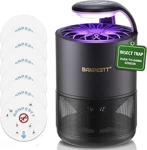BANPESTT Automatic Insect Trap: Dusk-to-Dawn Sensor & Powerful Suction Quiet, Non-Zapper for Fruit Flies, Gnats, Mosquitoes | Includes 6 Glue Boards & UV Light (Black)