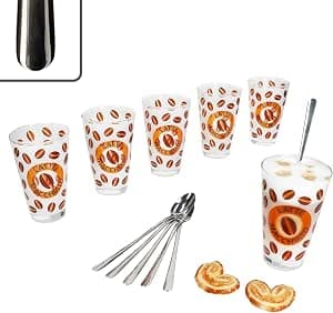 MamboCat 12-Piece Set Cremona Latte Macchiato Glasses Orange & Style Art Latte Macchiato Spoon Length 19 cm I for 6 People Frosted Glass Look with Coffee Beans Soft & Rounded Design 18/10 Stainless