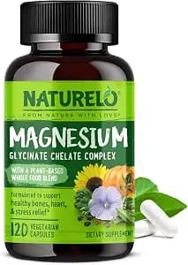 NATURELO Magnesium Glycinate Chelate Complex - 200 mg Magnesium with Organic Vegetables to Support Sleep, Calm, Muscle Cramp & Stress Relief - Gluten Free, Non GMO - 120 Capsules