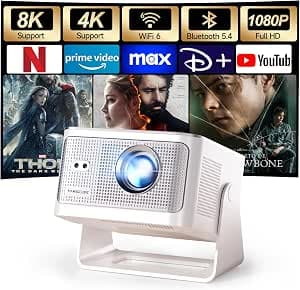 [Integrated App] Mini Projector 4K & 8K Support 1080P Native, Portable Projector with WiFi 6 BT 5.4, 600ANSI, Auto Focus, 6D Trapeze Auto Correction, 180° Rotation, HY350MAX