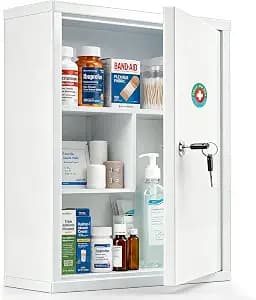 KYODOLED Wall Mount Locking Medicine Cabinet, Large Capacity First Aid Cabinet for Bathroom, Medicine Cabinet with Key, Secure Steel Lock Box for Medication, 15.75" H x 11.82" W x 4.72" D, White