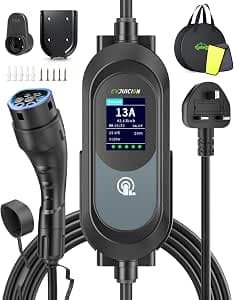 EVJUICION EV Charger 3 Pin Plug, 15M 3.1kW 6-13A 3 Pin EV Charger, Portable Electric Car Charger for up to 12H Delayed Start Charging with 2.4″ LED Screen, IP67 for EVs & PHEV