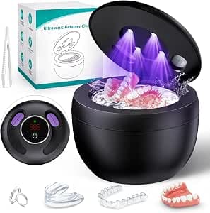 Upgraded Ultrasonic Retainer Cleaner Machine, 45kHz Ultrasonic Dentures Cleaner for Night Guards, Braces, Aligner, Toothbrush, Jewelry and More, 200ML Capacity, Black
