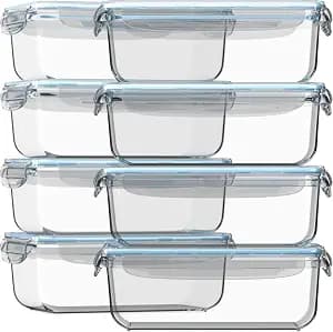 Razab 16 Pc (Set of 8) 30 Oz Glass Meal Prep Containers with Lids, Airtight Large Glass Food Storage Containers, Reusable Leak Proof BPA Free, Freezer to Oven and Dishwasher Safe