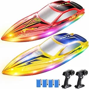 DEERC 2-Pack RC Boats for Kids, Fast Remote Control Boat with 4×1200mAh Batteries, 120 Min Runtime, 7 LED Lights Mode, Capsize Recovery, 2.4GHz Racing, Pool & Lake Toy