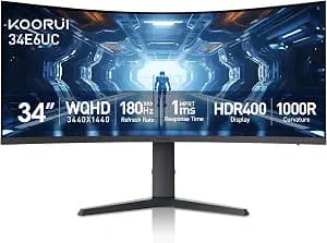 KOORUI 34-inch Curved Ultrawide WQHD 3440×1440 Gaming Monitor, 180Hz 1000R- PIP/PBP, 1ms(MPRT), HDR400, DCI-P3 95%, FreeSync Premium, 1 x DP 1.4 & 2 x HDMI 2.0, Tilt Height Swivel Adjustment, 34E6UC