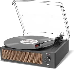 Vinyl Record Player with Speaker, Vintage Belt Driven Turntable, Support 3 Speed, Wireless Playback, Headphones, Auxiliary Input, RCA Retro Black Output