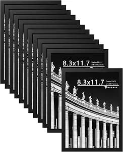 Picrit A4 Picture Frame Set of 12, Display 6x8 with Mat or 8.3x11.7 without Mat, Photo Frames for Wall Mounting or Table Top Display, Black