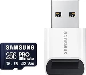Samsung PRO Ultimate microSD Memory Card+Reader, 256GB microSDXC, Up to 200 MB/s, 4K UHD, UHS-I, Class 10, U3,V30, A2 for GoPRO Action Cam, DJI Drone, Gaming, Phones, Tablets, MB-MY256SB/AM