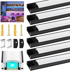 LED Profile Diffuser for Led Strip Light Trunking 6Pack 3.3FT/1M Black U-Shape Aluminum Channel with Milky White Cover, End Caps and Mounting Clips Easy Installation