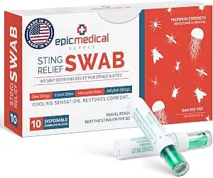 Epic Medical Supply Sting Relief Swab – Instant Mosquito Bite Relief & Bug Bite Relief – Max Strength Benzocaine & Menthol – 10 Disposable Swabs for Insect Bites, Bee Stings, Jellyfish & More