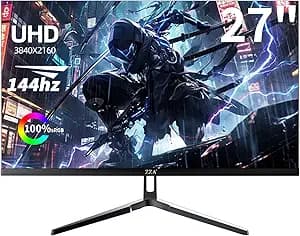 ZZA 27 Inch 4K Gaming Monitor,UHD(3840x2160) 4K 144Hz Flat Monitor, Adaptive Sync,HDMI 2.1 & DP 1.4,Tilt Adjustment PC Monitor, Wall Mountable, for Work, Streaming, and Home Office, Black