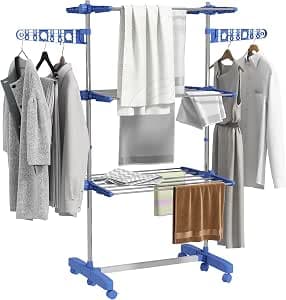 HOMCOM 3-Tier Foldable Clothes Drying Rack, Stainless Steel Laundry Rack with 2 Side Wings and 6 Castors, Collapsible Adjustable Clothes Airer for Indoor Outdoor, Blue