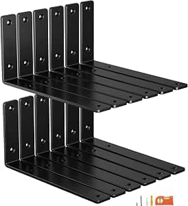 NEODROP 12-Pack 10 Inch Heavy Duty Shelf Brackets, Premium Floating L Bracket for Wall, Kitchen, Mantel Shelves Support | Quarter Inch (1/4") Thick | Black Powder Coated Steel