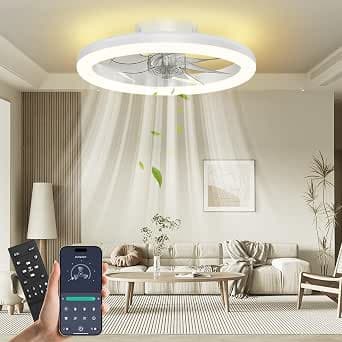 Ceiling Fan with Lighting, 40 cm LED Dimmable Ceiling Lighting, App and Remote Control, Dining Room Lamp with Fan, 6-Speed, Timer, Quiet, White