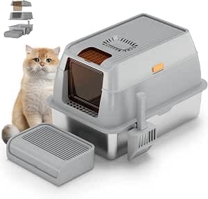 Stainless Steel Cat Litter Box XXL Full Closure with Activated Carbon Filter and ABS Lid Odour Neutralising Easy to Clean Includes Door Mat and Shovel 60 Litres Grey