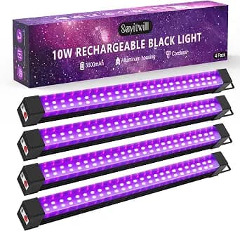Rechargeable Black Light Bar 4 Packs, Battery Powered Black Lights for Glow Party, Cordless UV Strip Lights with On/Off/Dimma/Flash Switch, for Neon,Uranium Glass, Classroom,Paint, Poster,Stage