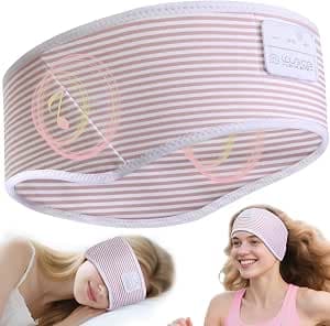 LOVE EYE Sleep Headphones Headband, Soft Skin-Friendly Sleep Mask with Ultra-Thin HD Stereo Bluetooth Speakers, Wireless Music Headband for Sleeping, Travel & Yoga, Pink Striped Design