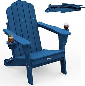 Folding Adirondack Chair,All-Weather HDPE Fire Pit Chair with 2 Cup Holders, Plastic Outdoor Chair for Patio Deck Garden Lawn, NavyBlue