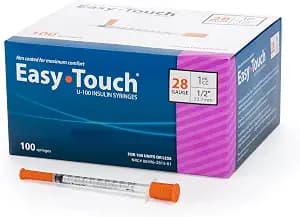 Easy Touch 28 Gauge U-100 Insulin Syringes (28G 1cc 1/2”) with 1/2” Long Needle, 1cc (100 Unit Capacity), Bold Markings for Accurate Dosing, Disposable, Box of 100
