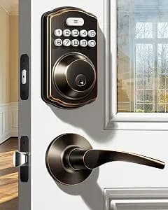 Veise KS01B Keypad Door Lock with 2 Lever Handles Set, Oil Rubbed Bronze | Keyless Entry, 20 Codes, Auto Lock, Anti-Peeping Code, Electronic Deadbolt for Front Door, IP54 Waterproof, Easy Install
