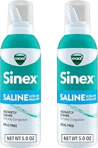 Vicks Sinex SALINE Nasal Spray, Drug Free Ultra Fine Mist, Clear Everyday Sinus Congestion Fast, Clear Mucus from a Cold or Allergy, Daily Use 5.0 fl oz x 2