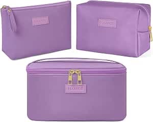 MAANGE Makeup Bag Waterproof Travel Cosmetic Bag PU Leather Cosmetic Pouch Portable Makeup Organizer Bag Large Capacity Toiletry Bag Multifunctional Storage Make Up Bag for Women (Purple, 3Pcs)