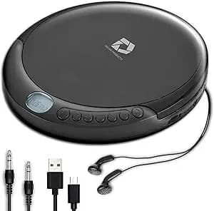 CD Player Portable with 60 Second Anti Skip, Stereo Earbuds, Includes Aux in Cable and AC USB Power Cable for use at Home or in Car