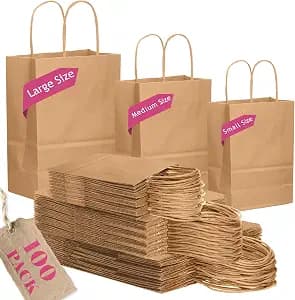 qiqee 100-Packs Brown Paper Gift Bags with Handles Bulk Assorted Sizes(33pcs Large 13", 33pcs Medium 11", 34pcs Small 8")