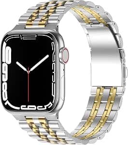 Anlinser Metal Bands Compatible with Apple Watch Band 49mm 46mm 45mm 44mm 42mm for Women Men, Stainless Steel Replacement Strap for iWatch Ultra 3/2/1 Series 11 10 9 8 7-1 SE (Silver Gold)