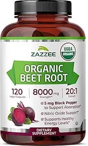 Zazzee USDA Organic Beet Root 8000 mg Strength 20:1 Extract, 120 Vegan Quick Release Capsules, Kosher, Supports Nitric Oxide Production, Black Pepper Extract for Enhanced Absorption, Made in The USA