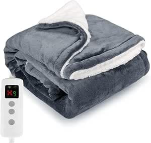 Heated Blanket Electric Throw 160x130CM, 10 Levels &1-9H Timer Auto-Off, Machine Washable, Soft Flannel Sherpa Full Body Warming, Sofa Bed Office Use, Heating Blanket -