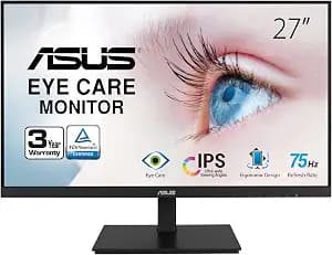 ASUS VA27DQSB 27” Monitor, 1080P Full HD, 75Hz, IPS, Adaptive-Sync, Eye Care, HDMI DisplayPort VGA USB Hub, Frameless, Ergonomic Design, VESA Wall Mountable,Black