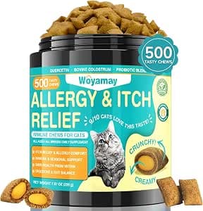Woyamay Skin Comfort Treats for Cats, 500 Crunchy & Creamy Cat Chews for Sensitive Skin, Paws, Eyes, Ears | Help Reduce Licking & Scratching Habits, Supports Seasonal Sensitivities, Chicken Flavor