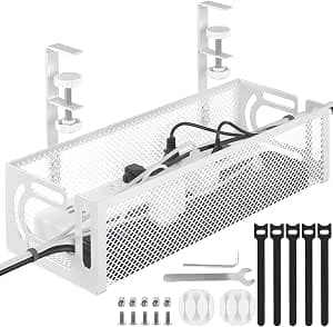 Under Desk Cable Management Tray, Cable Organizer, Cable Management Box, Cord Organizer for Desk, Under Desk Storage for Office Home - No Drill to Desk Cable Raceway (White)