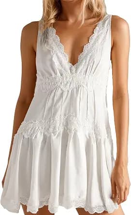 Womens Lace Mini Dress Slip Dress V-Neck Summer Y2k Ruffle Hem Flowy Swing Boho Short Dresses
