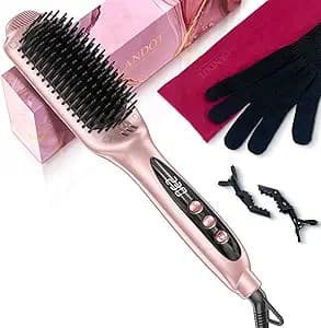 LANDOT Ionic Hair Straightener Brush for Smooth & Shiny Hair, Dual Voltage Ceramic Straightening Brush with 12 Adjustable Heat Settings 250°F-450°F, Elegant Gift for Women, Rose Gold