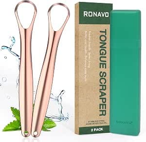 Stainless Steel Tongue Scraper (2 Pack), Cure Bad Breath (Medical Grade), Stainless Steel Tongue Cleaner Copper, 100% BPA Free Metal Tongue Scrapers For Healthier Breath In Seconds...