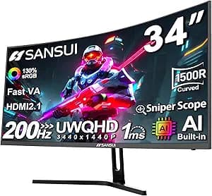 SANSUI 34-Inch Curved Gaming Monitor UWQHD 3440 x 1440P Up to 200Hz 165Hz Curved 1500R - PIP/PBP, OD 1ms, HDR, 300nits, sRGB 130%, DCI-P3 97%,AI Crosshair,HDMI2.1x2,DP1.4(Cable Included)