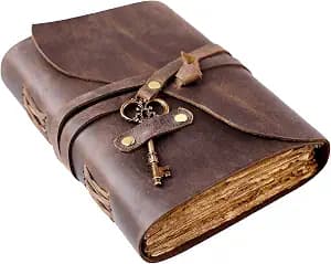 Vintage Leather Journal - Antique Handmade Deckle Edge Vintage Paper Leather Bound Journal - Book of Shadows Journal - Leather Sketchbook - Drawing Journal - Great Gift (Vintage Brown, 7.5"x5.5")