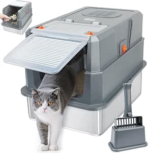 SZEE Stainless Steel Cat Litter Tray, Cat Litter Tray with Lid, Easy to Clean, Spacious for Pets, Space-saving for Homes - Grey