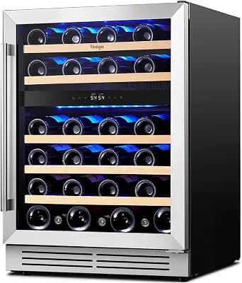 Yeego Wine Fridge Cooler - 24 Inch Dual Zone Wine Fridge Hold 52 Bottles, 40-65°F Wine Refrigerator Glass Door, Built in Fridge, Freestanding Adjustable Shelves Fridge for Beer Soda Drink Home Bar