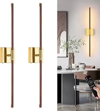 Walnut Battery Operated Wall Sconce with Remote Control, Rechargeable Wall Sconces Set of 2, LED Wireless Wall Light, 24″ Modern Sconce Wall Decor for Background Wall, Bedroom, Living Room