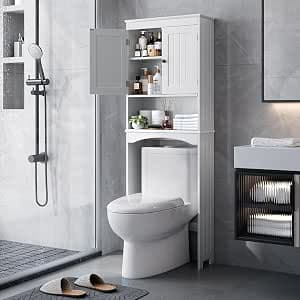 Bealife Toilet Unit, Pedestal Shelf with 2 Doors, Adjustable Shelves and Open Compartments, White