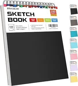 Soucolor 9" x 12" Sketch Book, 100 Sheets Top Spiral Bound Sketchbook with Acid-Free 68lb/100gsm Drawing Paper, Art Sketch Pad for Kids, Adults & Artist, Professional Art Supplies for Beginners