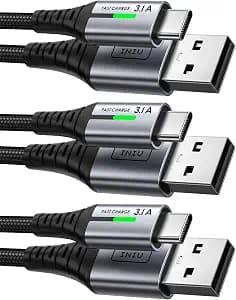 INIU USB to USB C Cable, [3 Pack, 6.6FT+1.6FT] 3.1A Type C Cord Fast Charging, Nylon USB A to USB-C Android Charger Cable for Samsung Galaxy S24 S23 S22 S21 S10 S9 iPhone 16 15 Pro Pixel 9 8 7 etc.